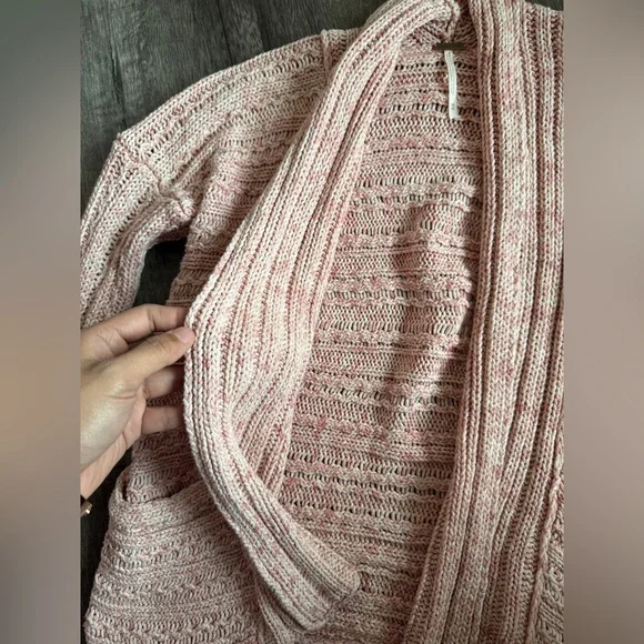 Free People Open Front Knit Cardigan Sweater Size M Pink Cream Boho Casual - Picture 4 of 9